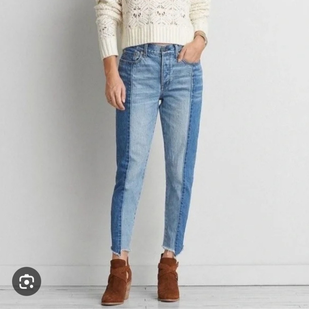 American Eagle Two Tone Vintage High Rise Denim Jeans Frayed Hem Sz 10